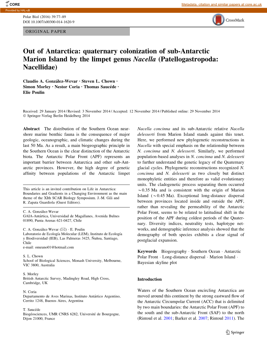 Quaternary Colonization of Sub-Antarctic Marion Island by the Limpet Genus Nacella (Patellogastropoda: Nacellidae)