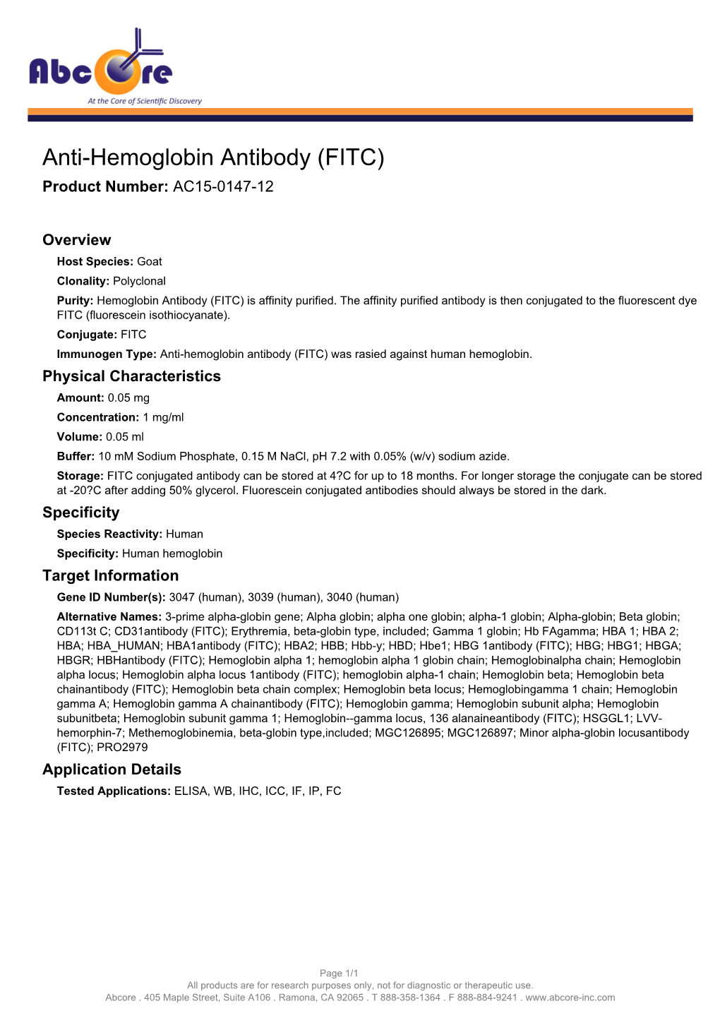 Anti-Hemoglobin Antibody (FITC) Product Number: AC15-0147-12