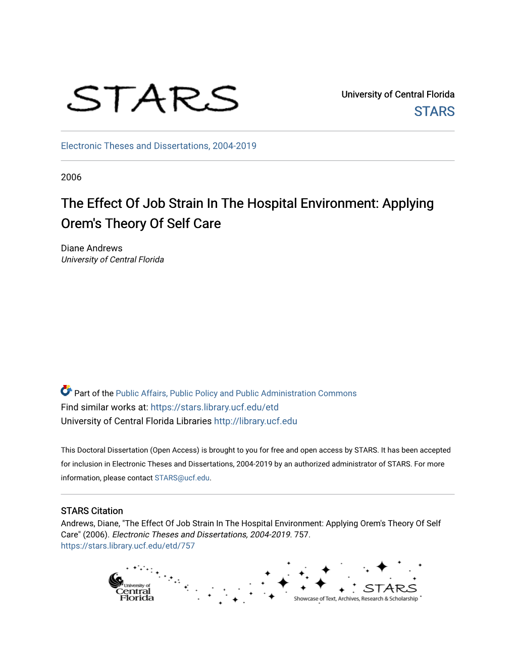 The Effect of Job Strain in the Hospital Environment: Applying Orem's Theory of Self Care