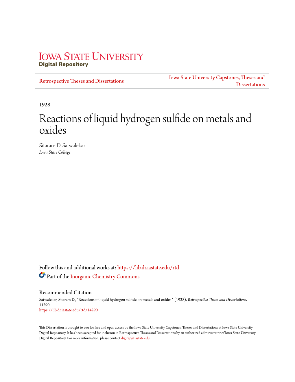 Reactions of Liquid Hydrogen Sulfide on Metals and Oxides Sitaram D