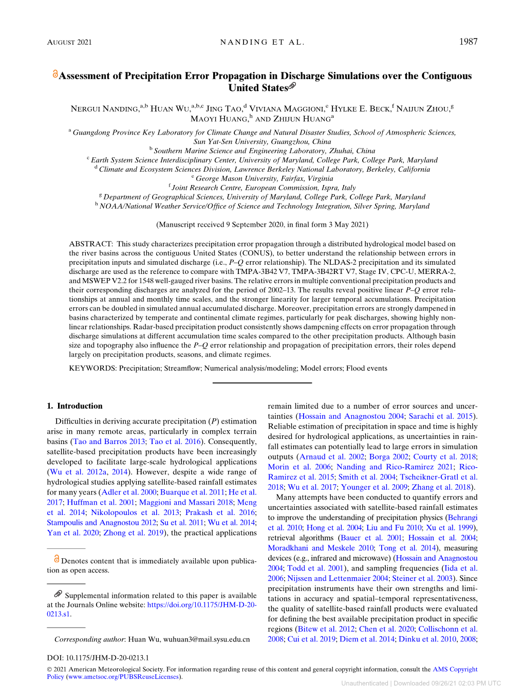 Assessment of Precipitation Error Propagation in Discharge Simulations Over the Contiguous United States