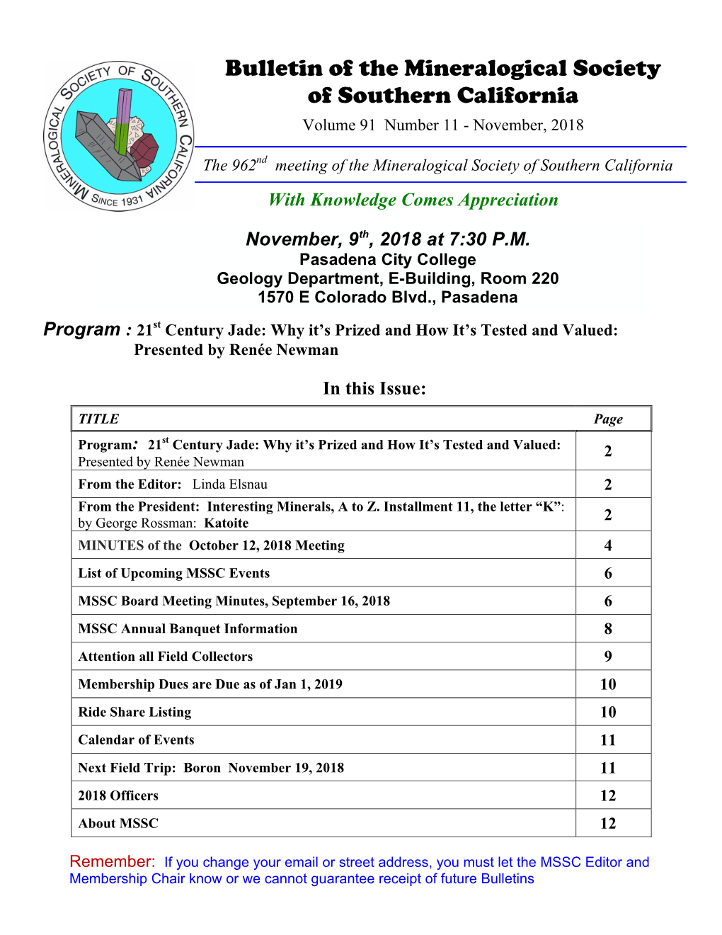 Bulletin of the Mineralogical Society of Southern California