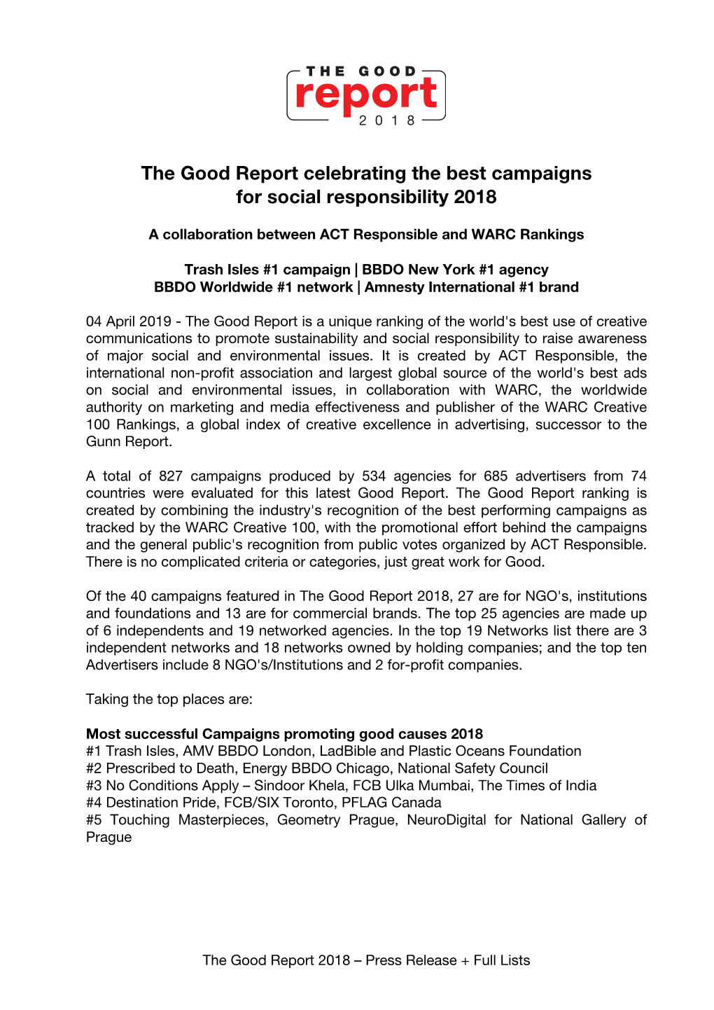 The Good Report Celebrating the Best Campaigns for Social Responsibility 2018