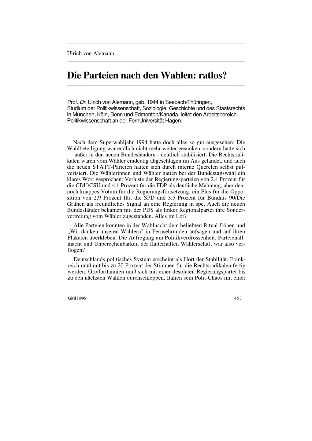 Die Parteien Nach Den Wahlen: Ratlos? ______