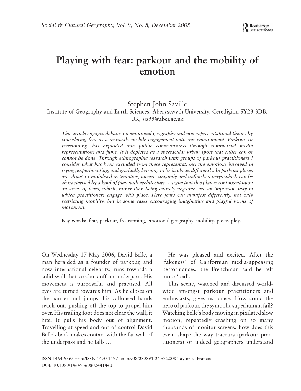 Playing with Fear: Parkour and the Mobility of Emotion