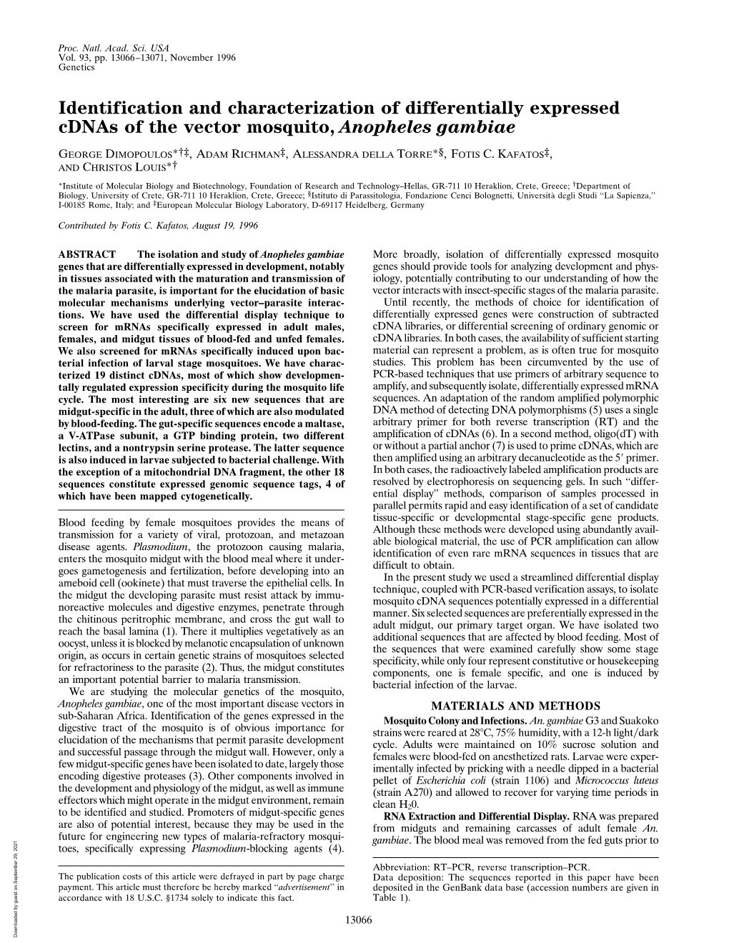 Identification and Characterization of Differentially Expressed Cdnas of the Vector Mosquito, Anopheles Gambiae