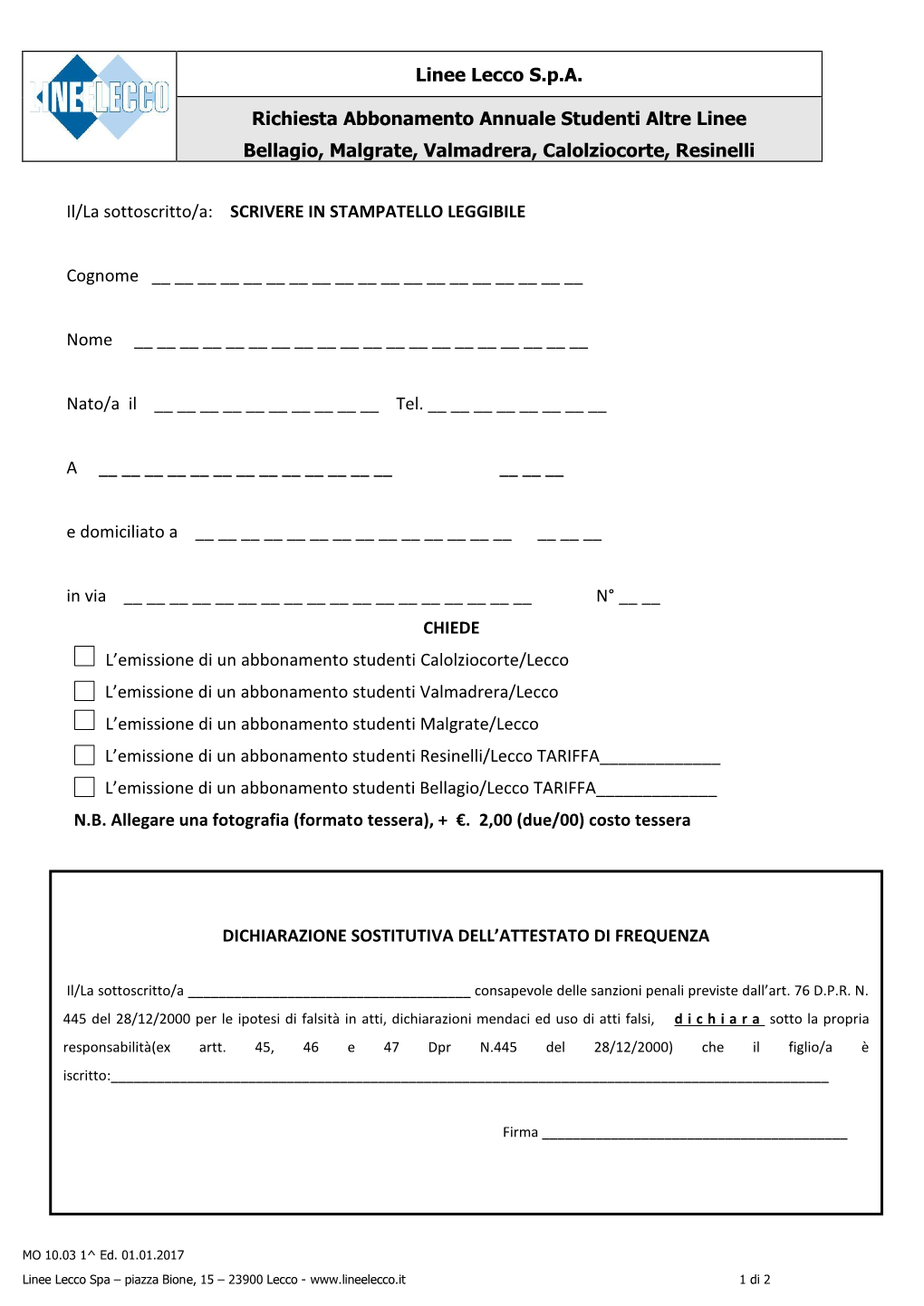 Linee Lecco S.P.A. Richiesta Abbonamento Annuale Studenti