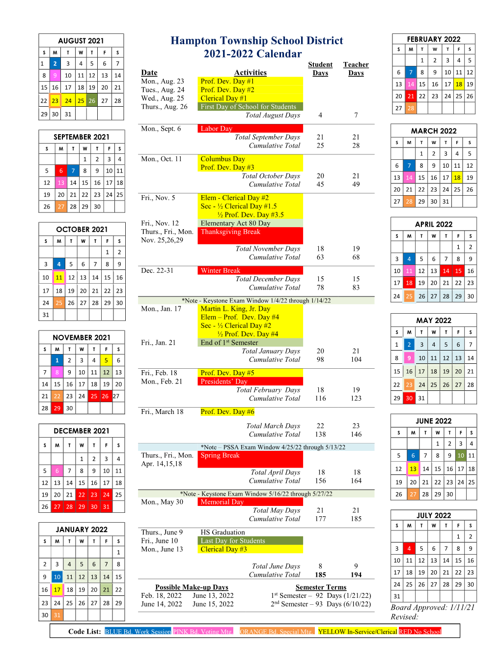 Hampton Township School District 2021-2022 Calendar