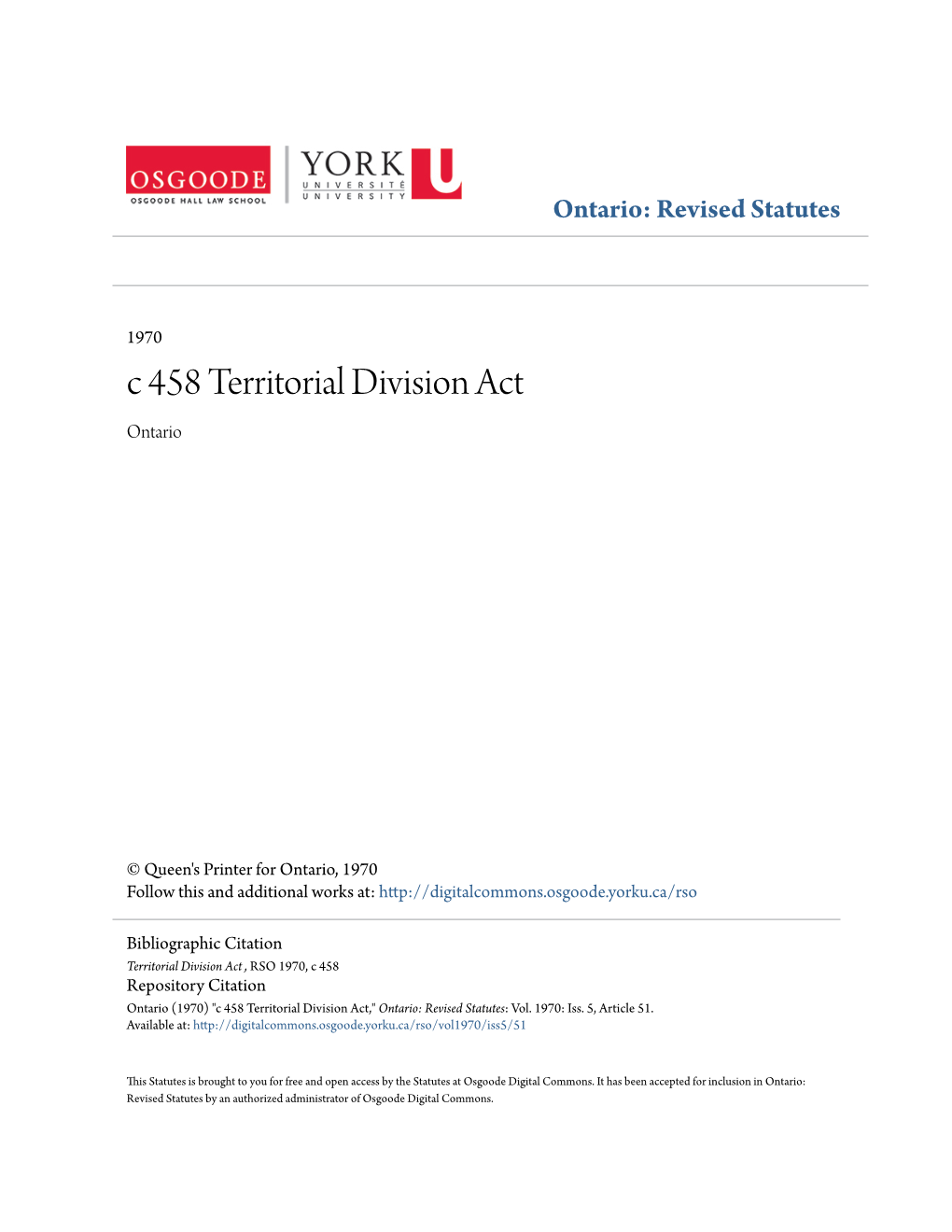 C 458 Territorial Division Act Ontario