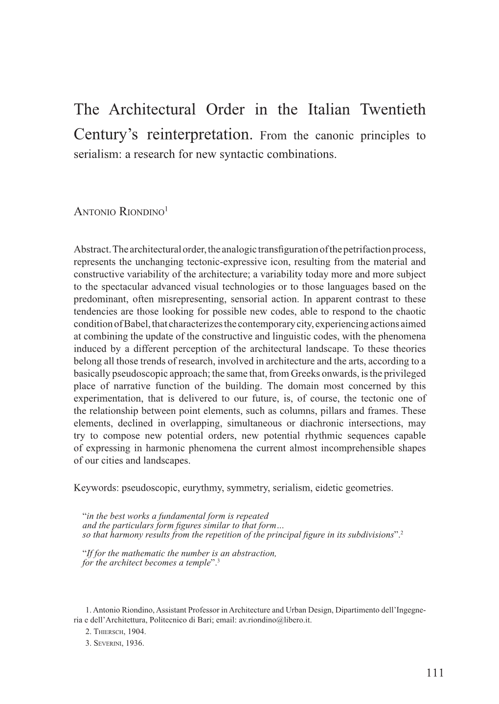 The Architectural Order in the Italian Twentieth Century's Reinterpretation