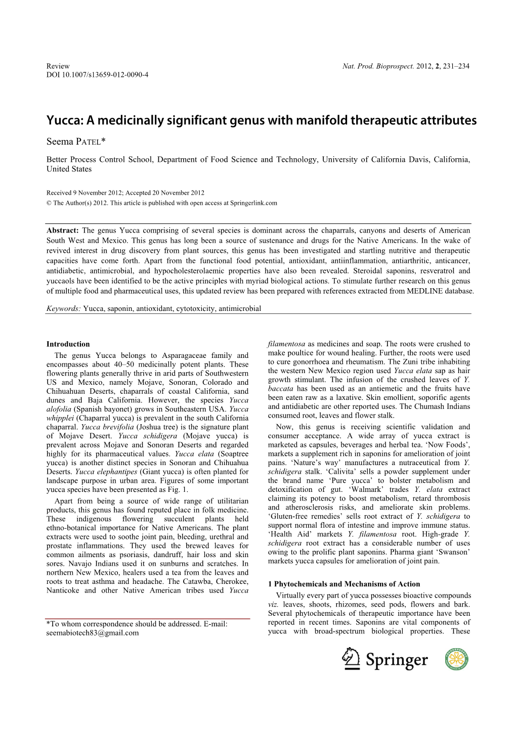 Yucca: a Medicinally Significant Genus with Manifold Therapeutic Attributes