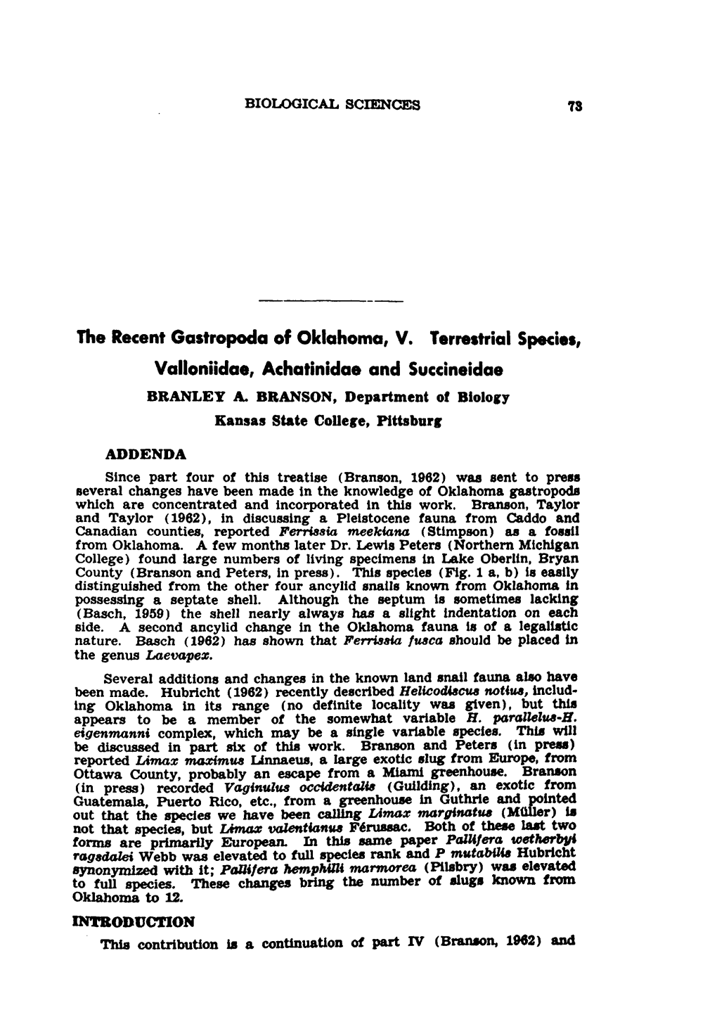 The Recent Gastropoda of Oklahoma, V. Terrestrial Species, Valloniidae, Achatinidae and Succineidae BRANLEY A