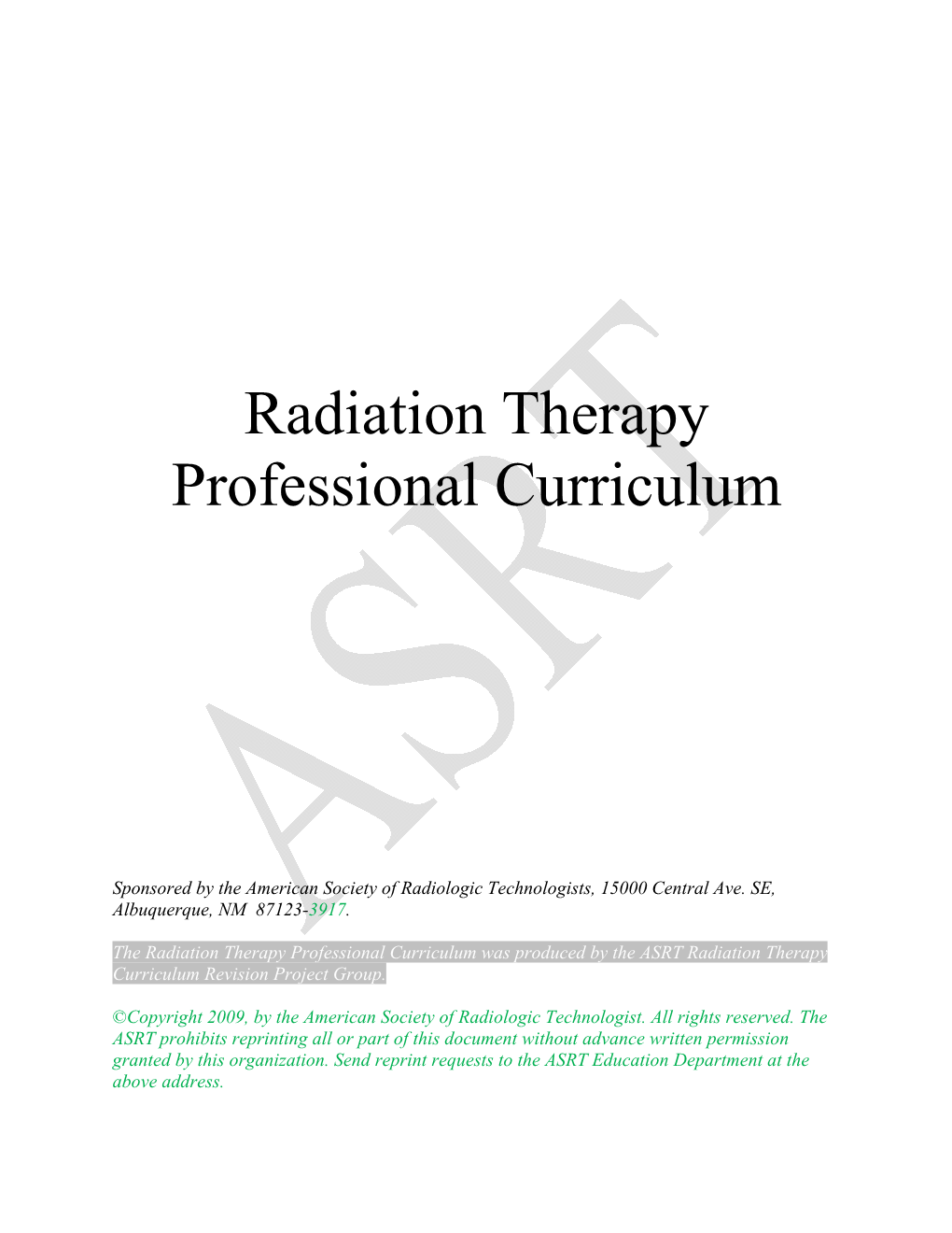 Radiation Therapy Professional Curriculum