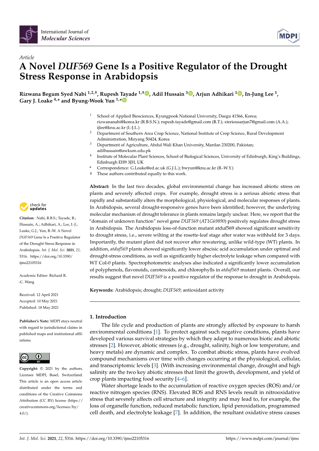 A Novel DUF569 Gene Is a Positive Regulator of the Drought Stress Response in Arabidopsis