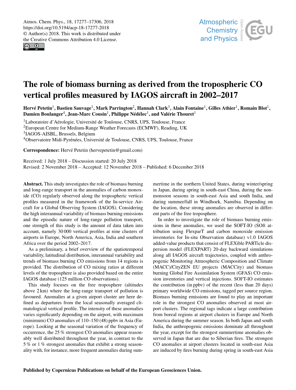 The Role of Biomass Burning As Derived from the Tropospheric CO Vertical Profiles Measured by IAGOS Aircraft in 2002–2017