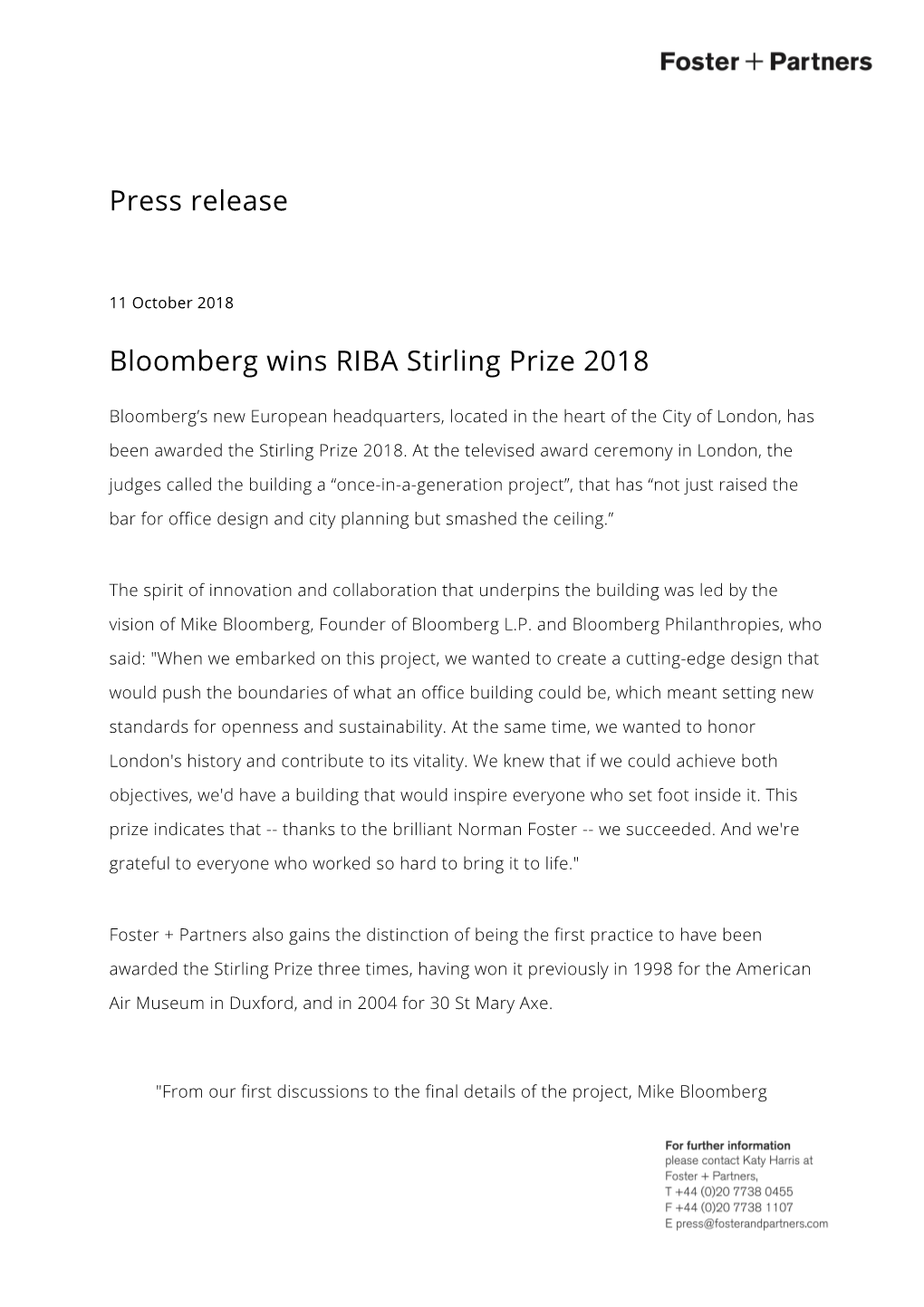 Press Release Bloomberg Wins RIBA Stirling Prize 2018