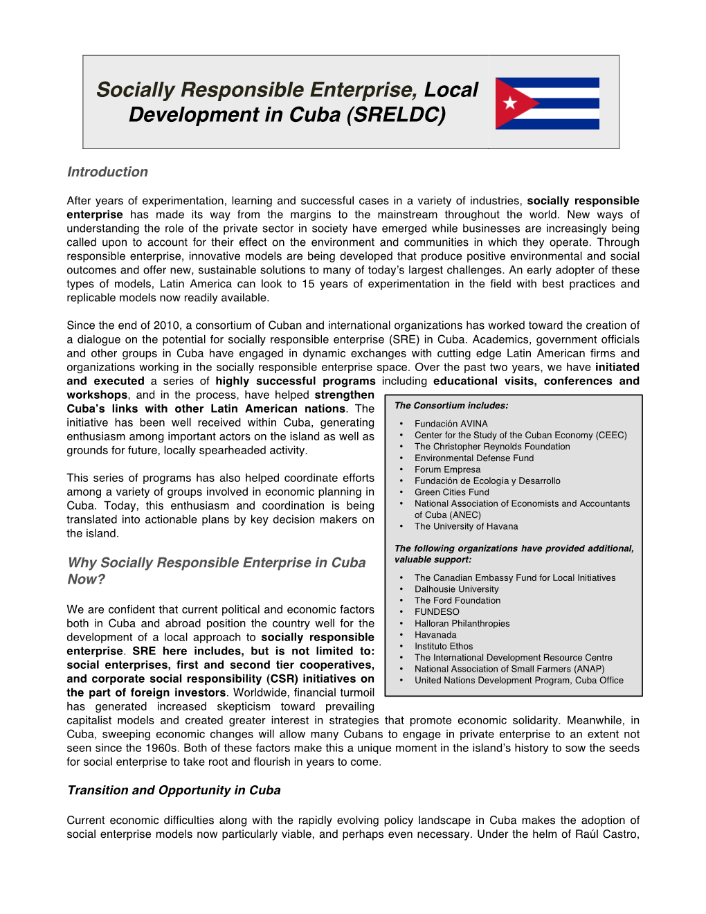 Socially Responsible Enterprise, Local Development in Cuba (SRELDC)