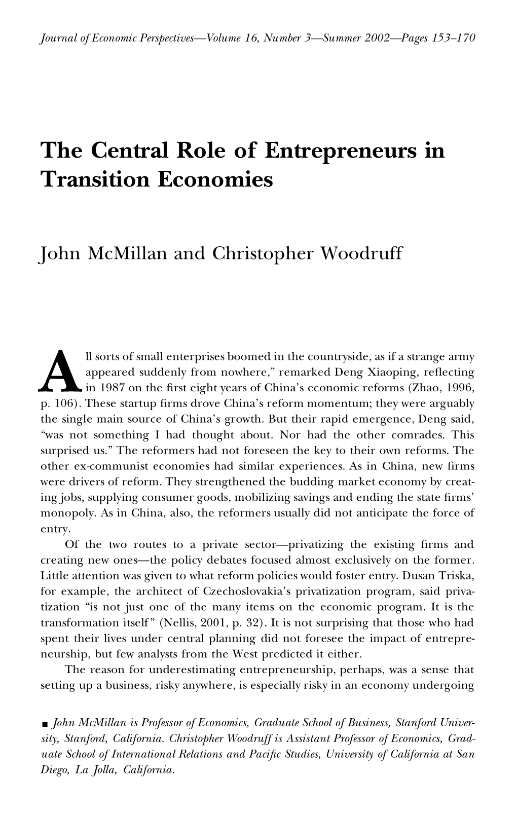 The Central Role of Entrepreneurs in Transition Economies