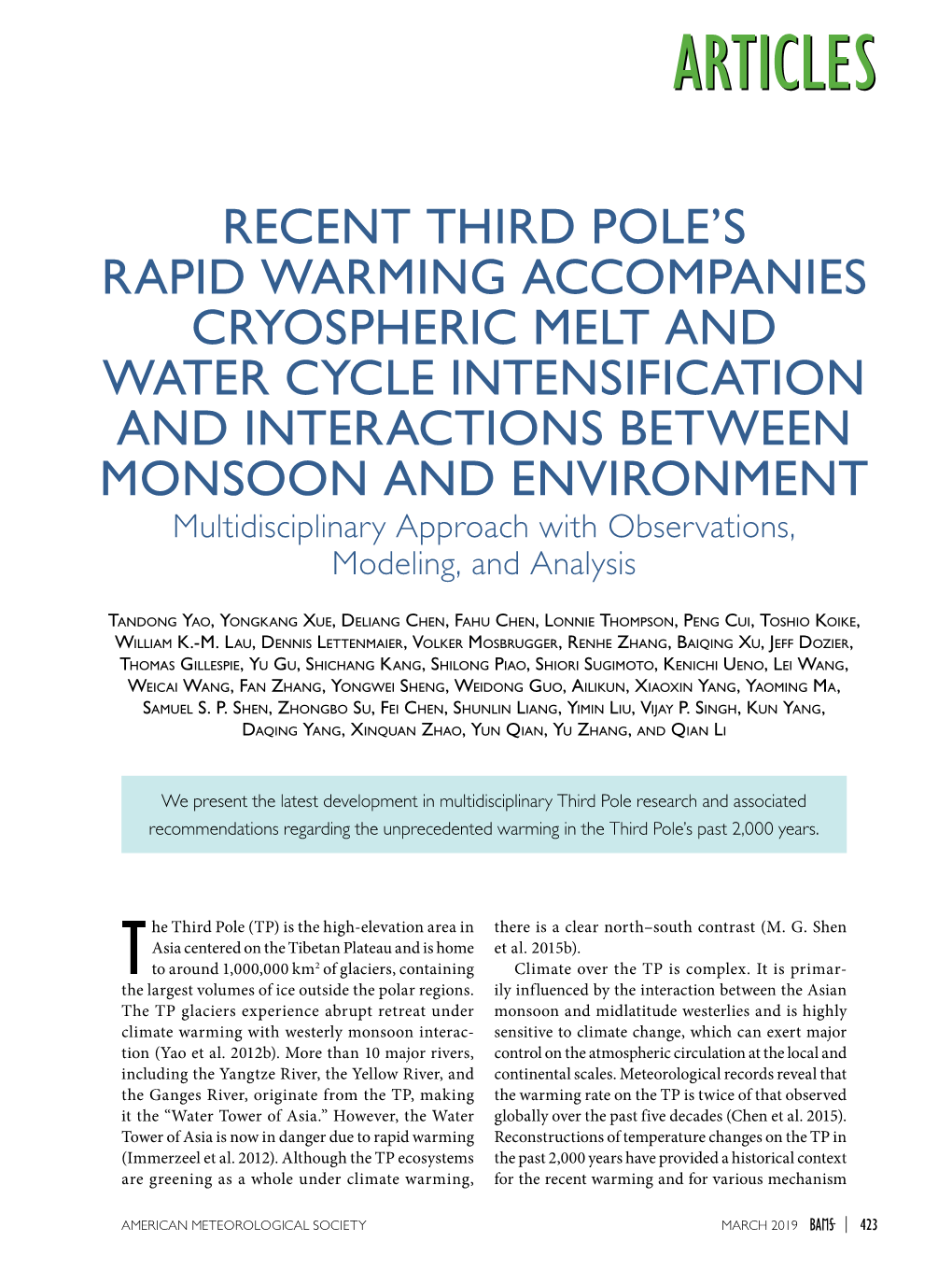 Recent Third Pole's Rapid Warming Accompanies Cryospheric Melt and Water Cycle Intensification and Interactions Between Monsoon
