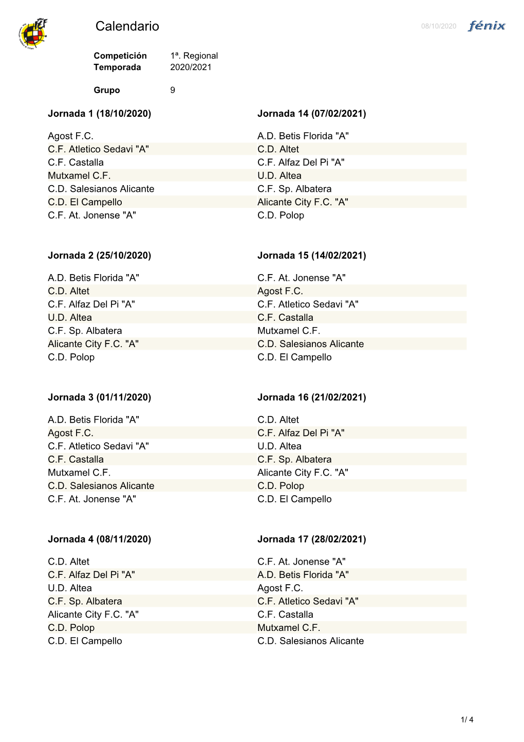 Calendario 08/10/2020