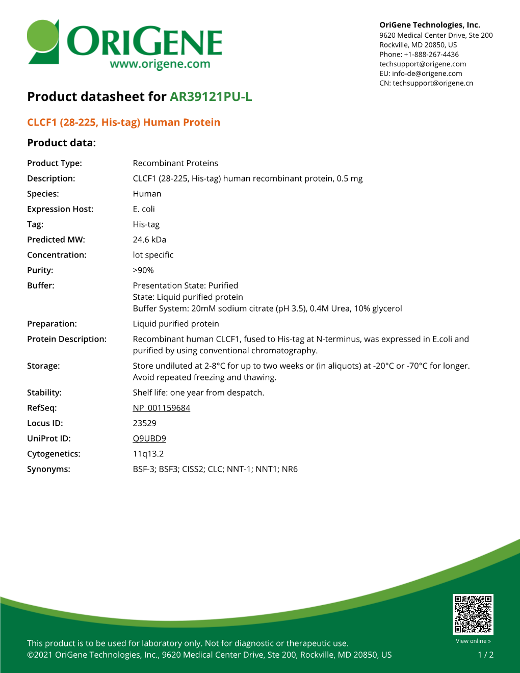 CLCF1 (28-225, His-Tag) Human Protein – AR39121PU-L | Origene