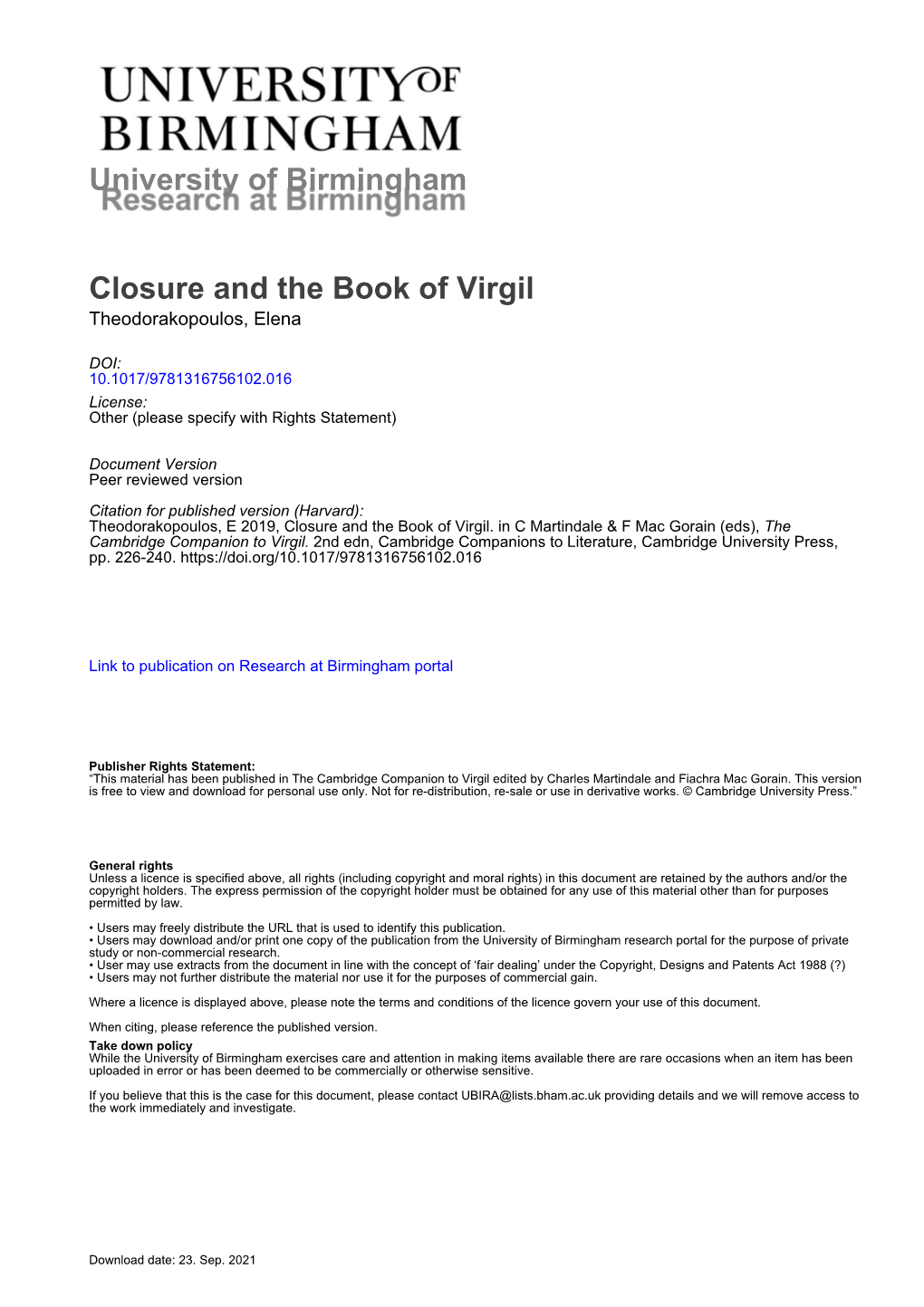University of Birmingham Closure and the Book of Virgil