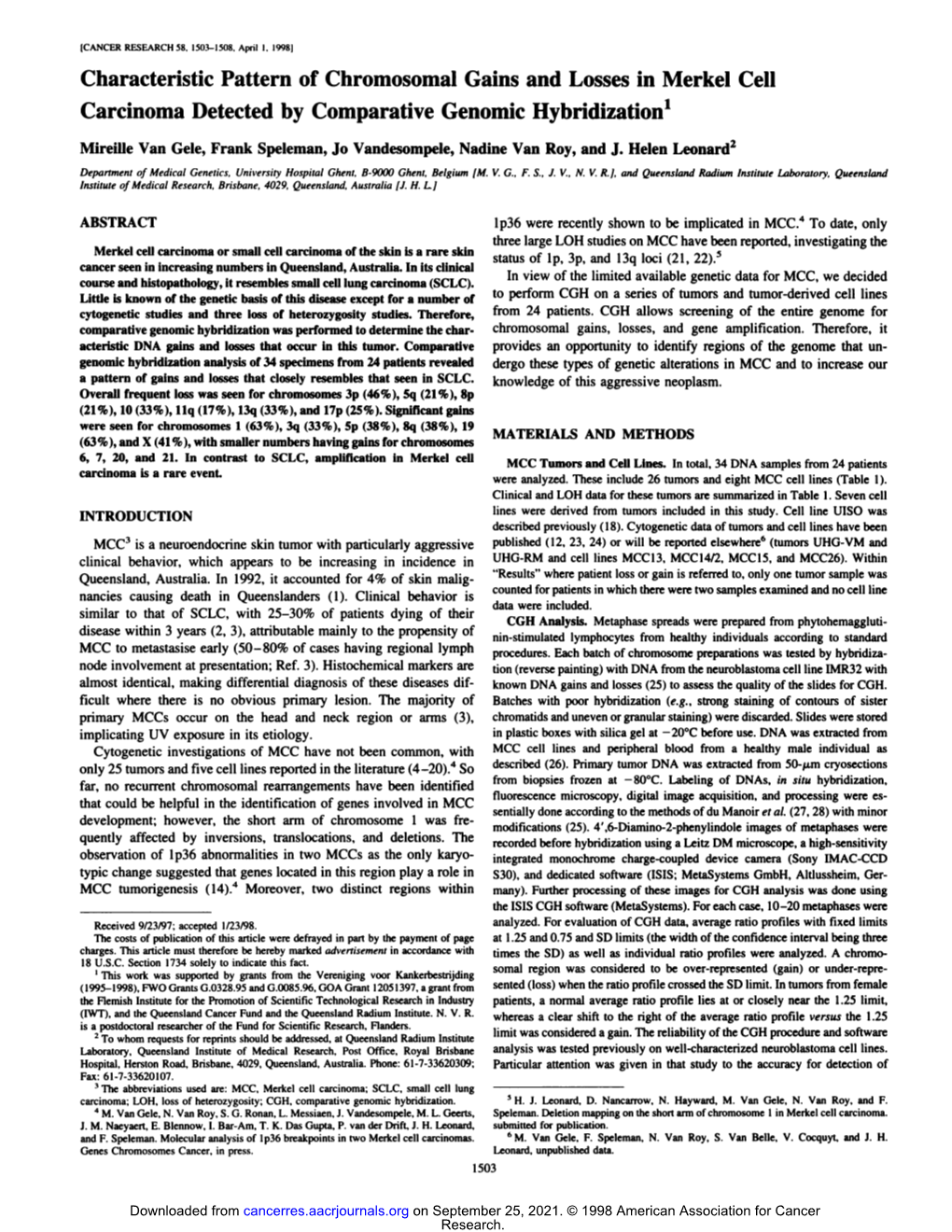 Characteristic Pattern of Chromosomal Gains and Losses in Merkel Cell Carcinoma Detected by Comparative Genomic Hybridization1