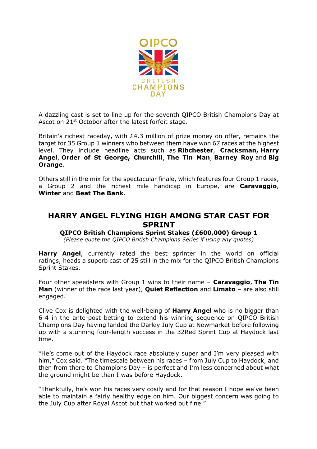 Harry Angel Flying High Among Star Cast for Sprint