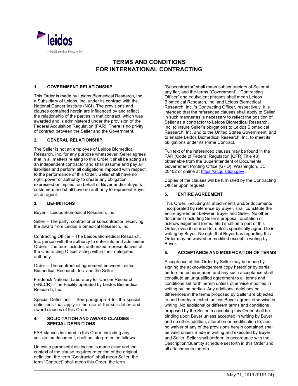 Leidos Terms and Conditions International Contracts