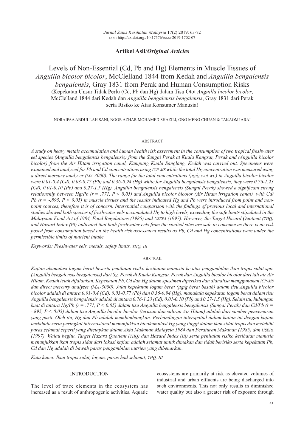 (Cd, Pb and Hg) Elements in Muscle Tissues of Anguilla Bicolor Bicolor