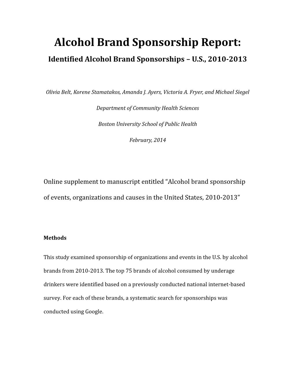 Alcohol Brand Sponsorship Report: Identified Alcohol Brand Sponsorships – U.S., 2010-2013