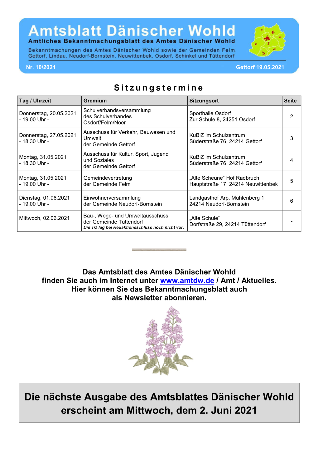 Die Nächste Ausgabe Des Amtsblattes Dänischer Wohld Erscheint Am Mittwoch, Dem 2. Juni 2021