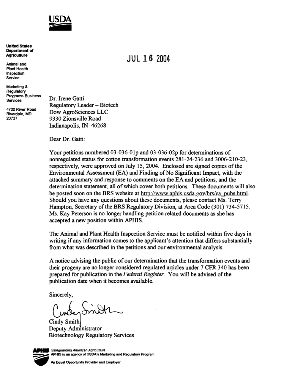 USDA-APHIS Decision on Monsanto Company Petition 00-342-01
