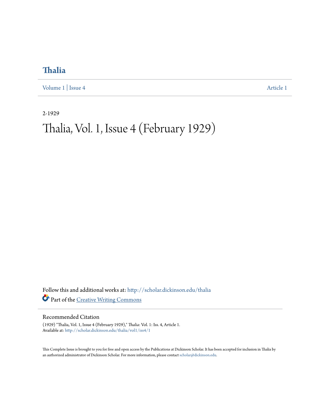 Thalia, Vol. 1, Issue 4 (February 1929)