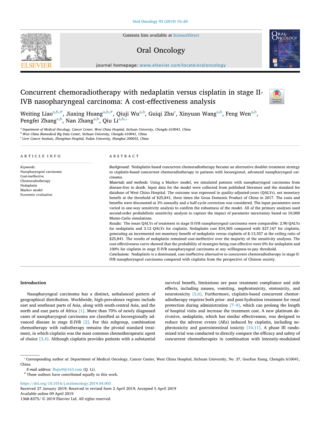 Concurrent Chemoradiotherapy with Nedaplatin Versus Cisplatin in Stage II- IVB Nasopharyngeal Carcinoma: a Cost-Eﬀectiveness Analysis T