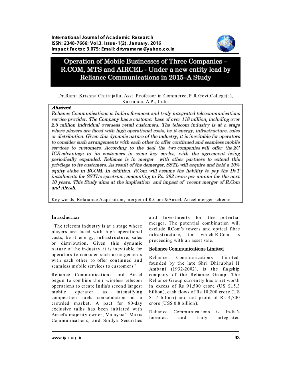 Vol.3, Issue-1(2), January, 2016 Impact Factor: 3.075; Email: Drtvramana@Yahoo.Co.In