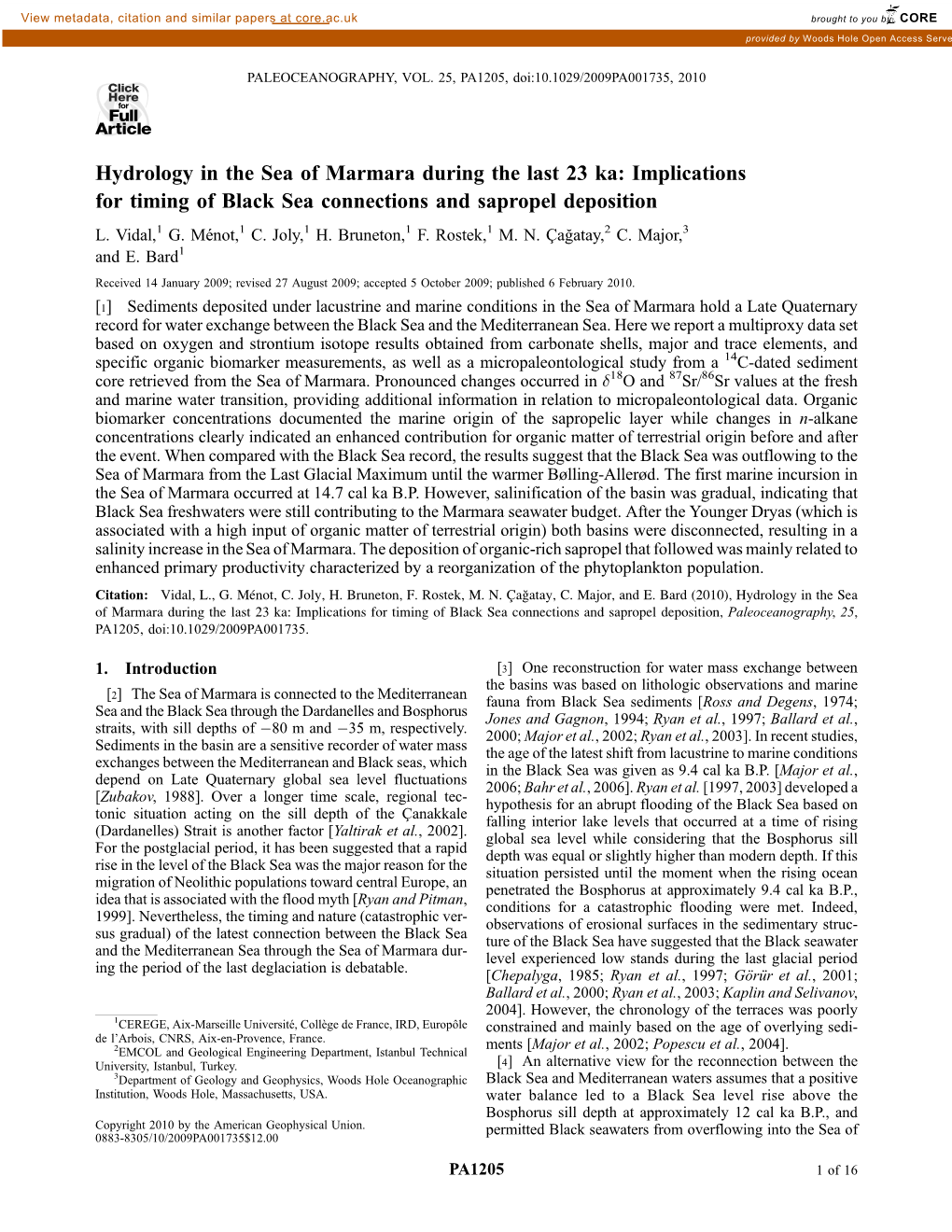 Hydrology in the Sea of Marmara During the Last 23 Ka: Implications for Timing of Black Sea Connections and Sapropel Deposition L