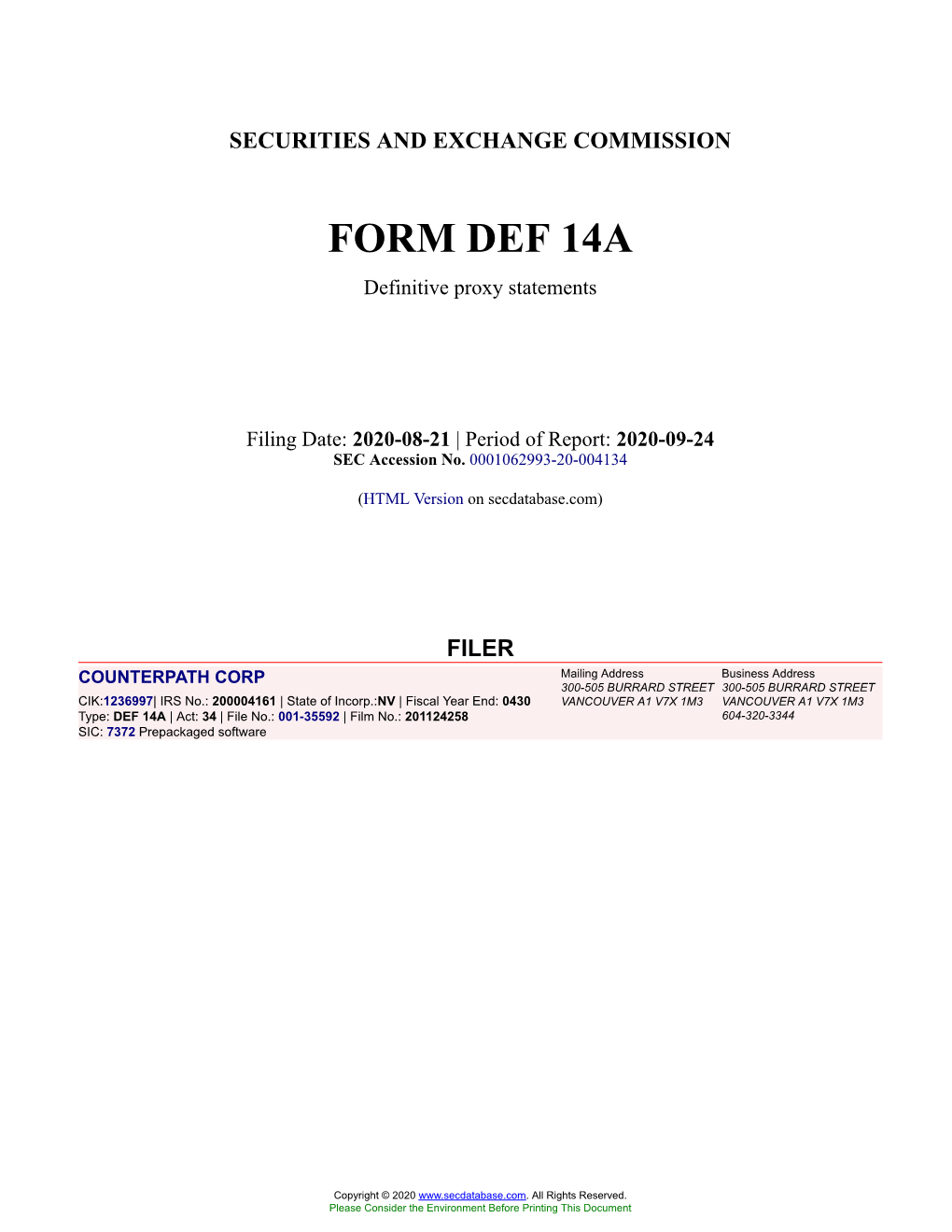 COUNTERPATH CORP Form DEF 14A Filed 2020-08-21