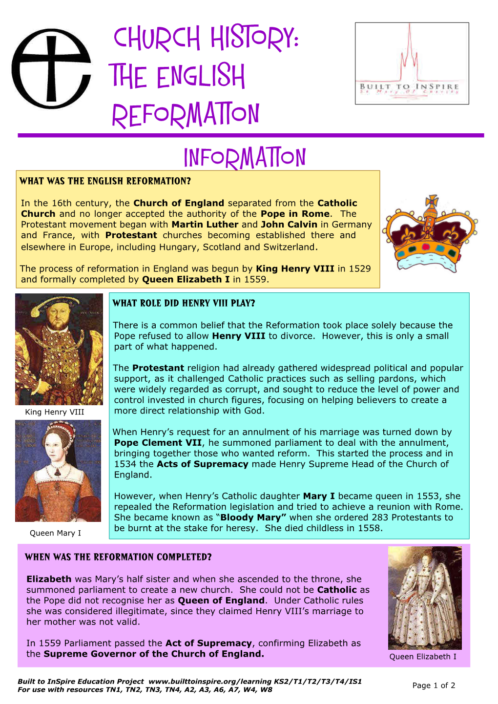 English Reformation Information Sheet FINAL