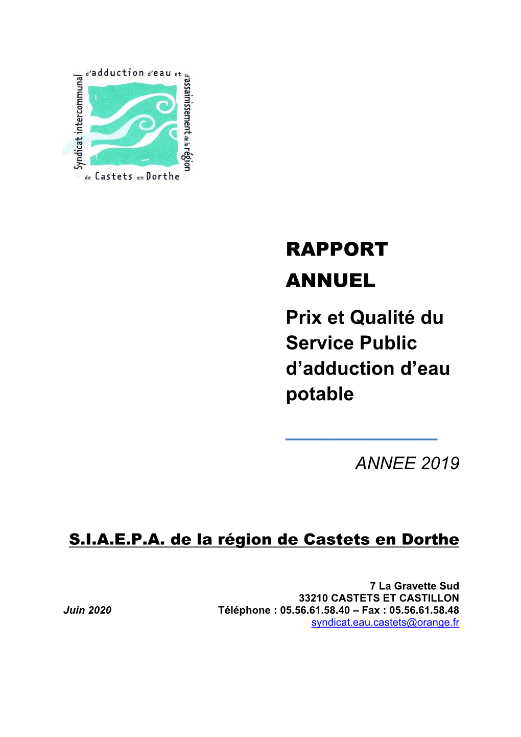 RAPPORT ANNUEL Prix Et Qualité Du Service Public D'adduction D'eau