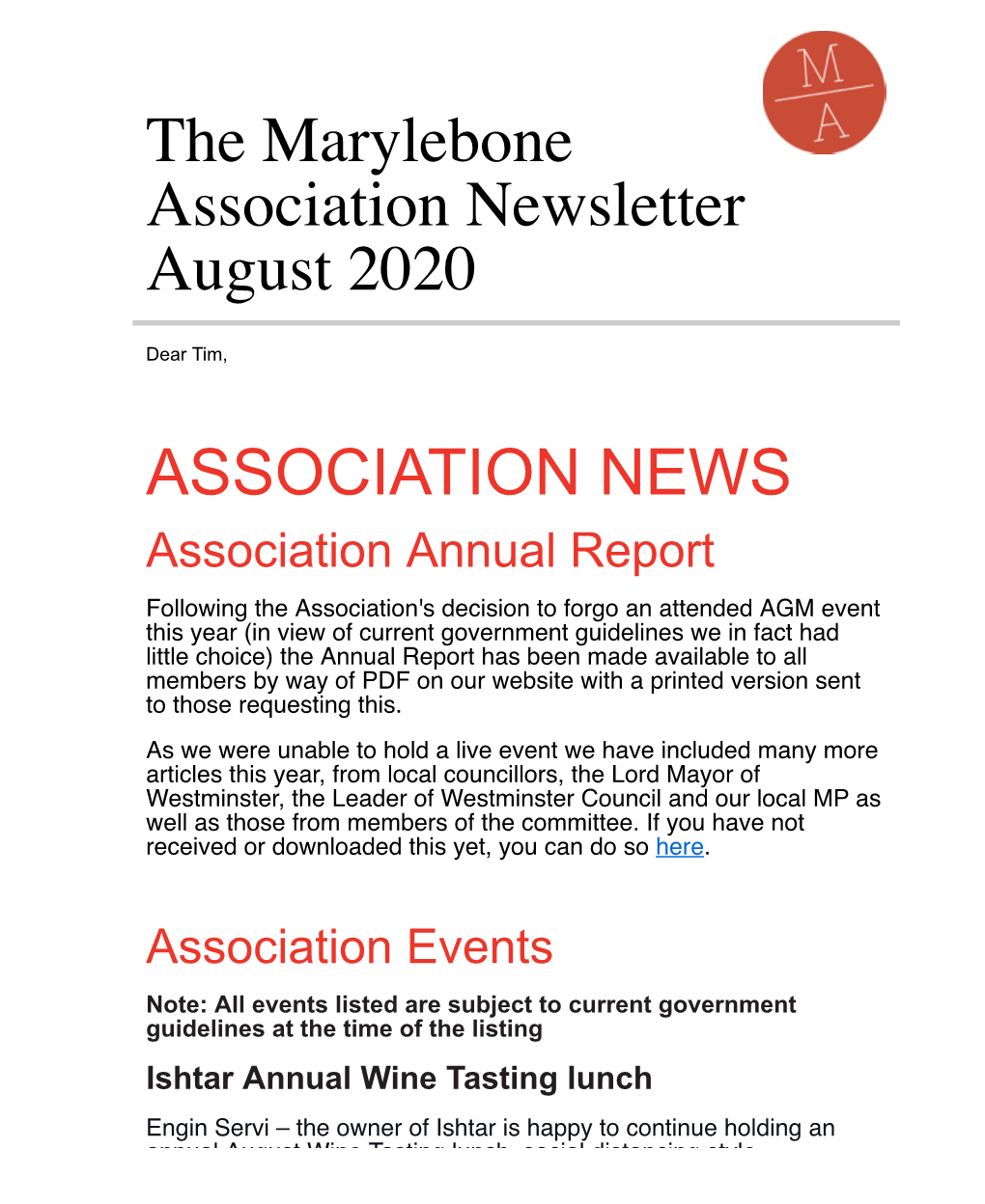 The Marylebone Association Newsletter August 2020