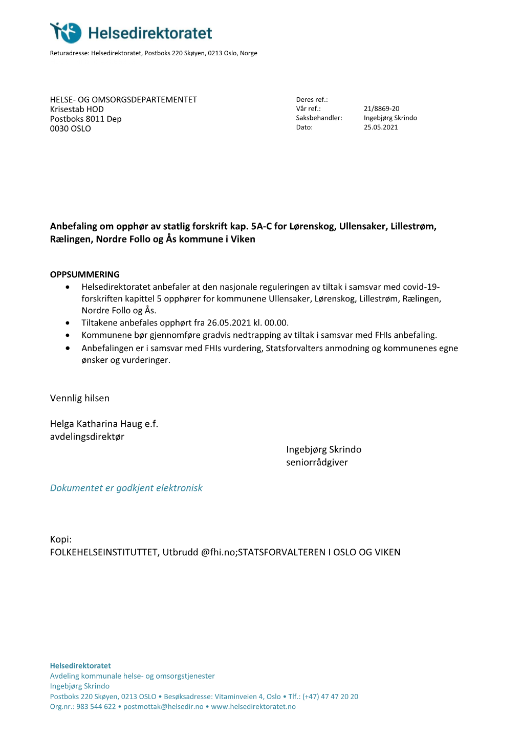 Anbefaling Om Opphør Av Statlig Forskrift Kap. 5A-C for Lørenskog, Ullensaker, Lillestrøm, Rælingen, Nordre Follo Og Ås Kommune I Viken