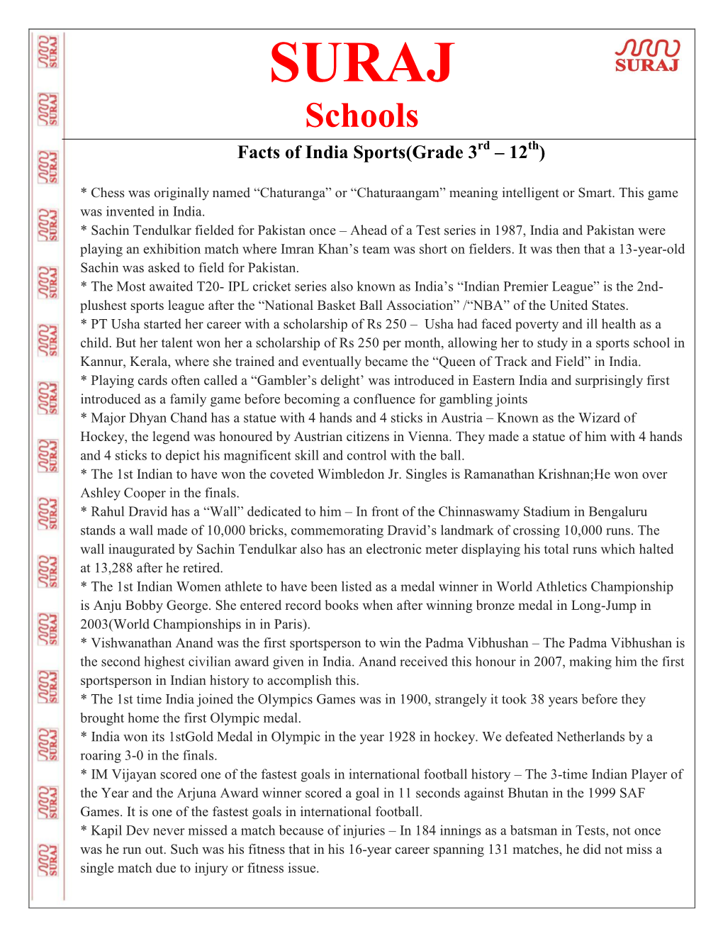 Schools Rd Th Facts of India Sports(Grade 3 – 12 )