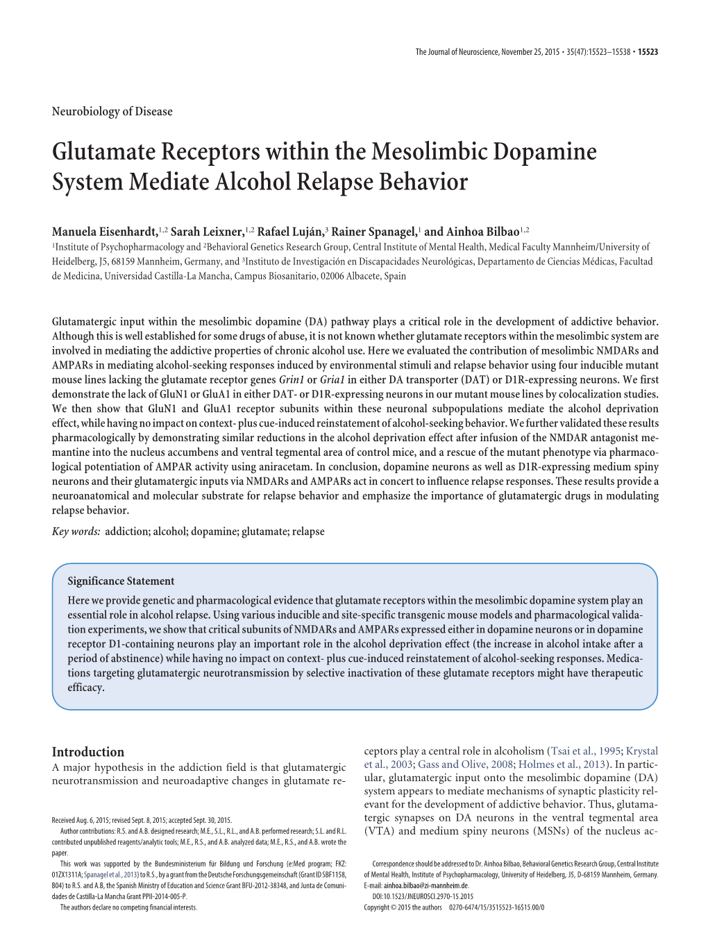 Glutamate Receptors Within the Mesolimbic Dopamine System Mediate Alcohol Relapse Behavior