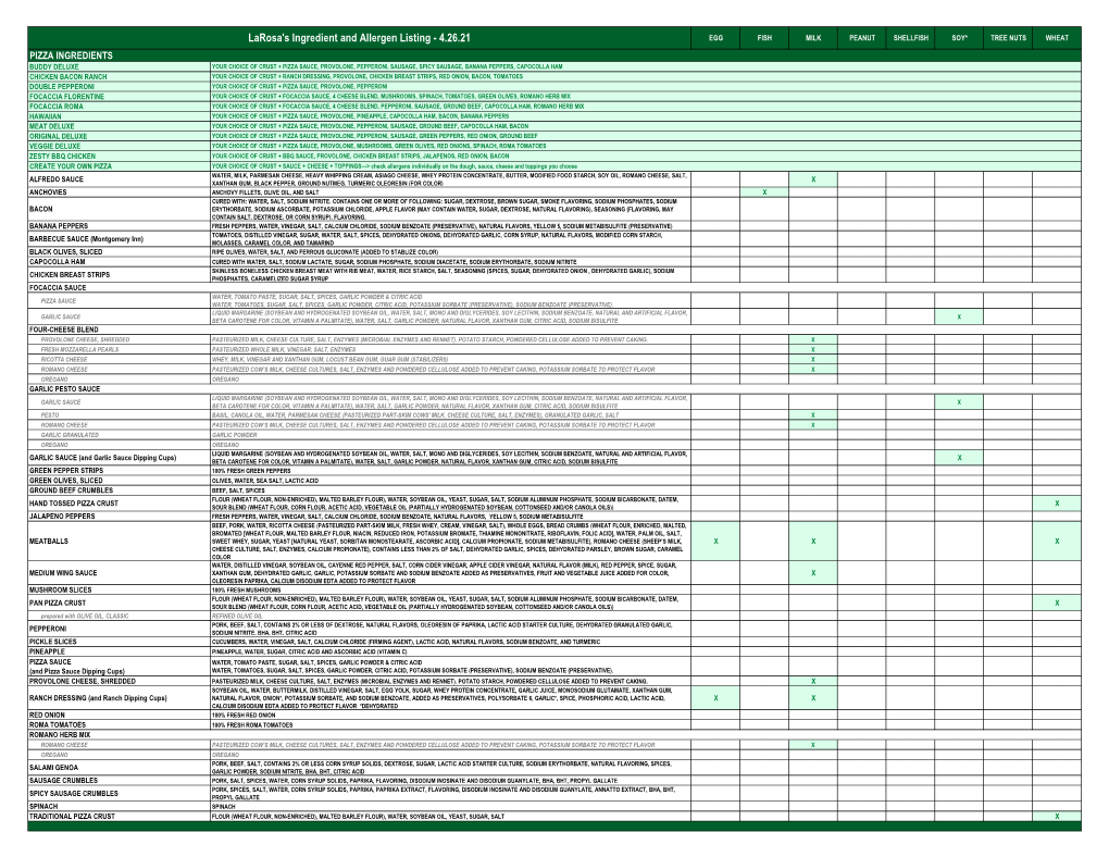 Larosa's Ingredient and Allergen Listing