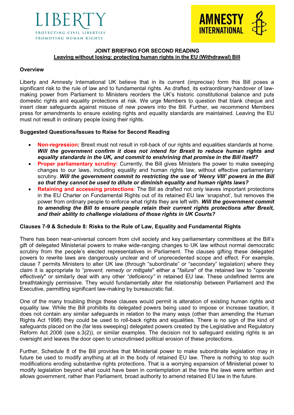 Protecting Human Rights in the EU (Withdrawal) Bill Overview Liberty