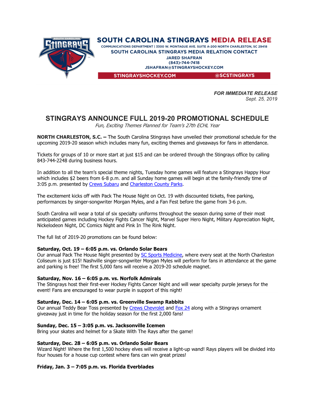 STINGRAYS ANNOUNCE FULL 2019-20 PROMOTIONAL SCHEDULE Fun, Exciting Themes Planned for Team’S 27Th ECHL Year