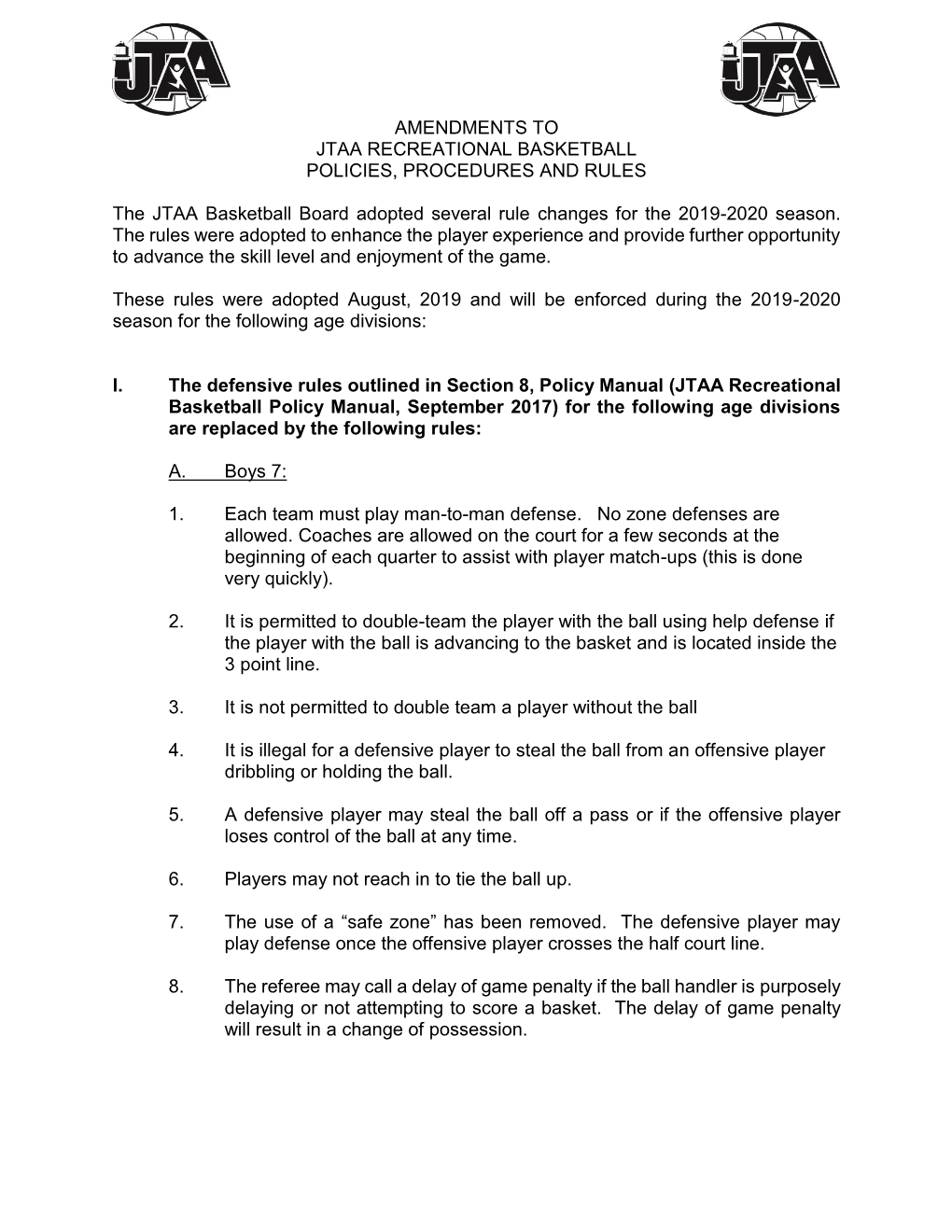 2019 2020 Amendments to JTAA Basketball Policy Manual