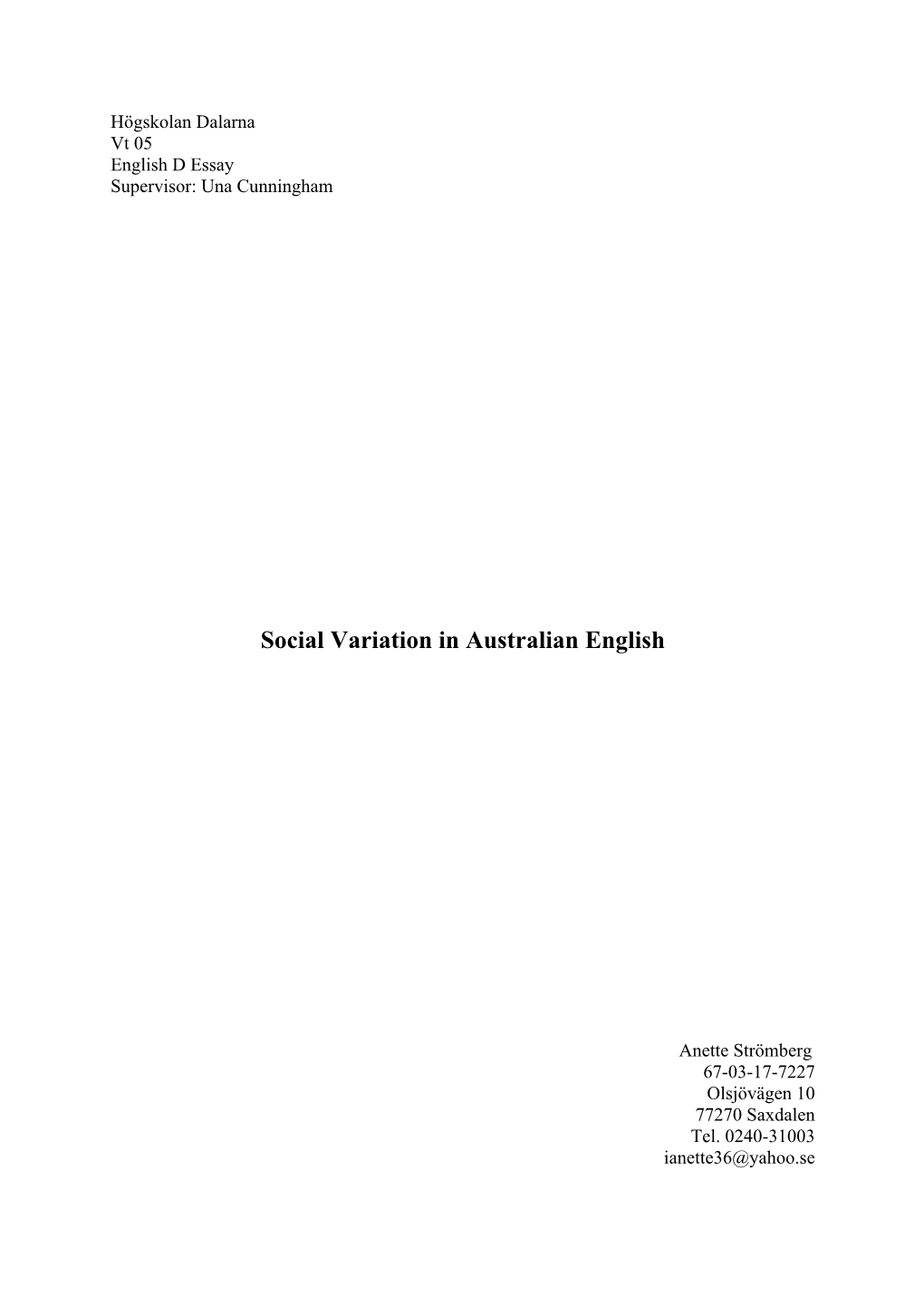 Social Variation in Australian English