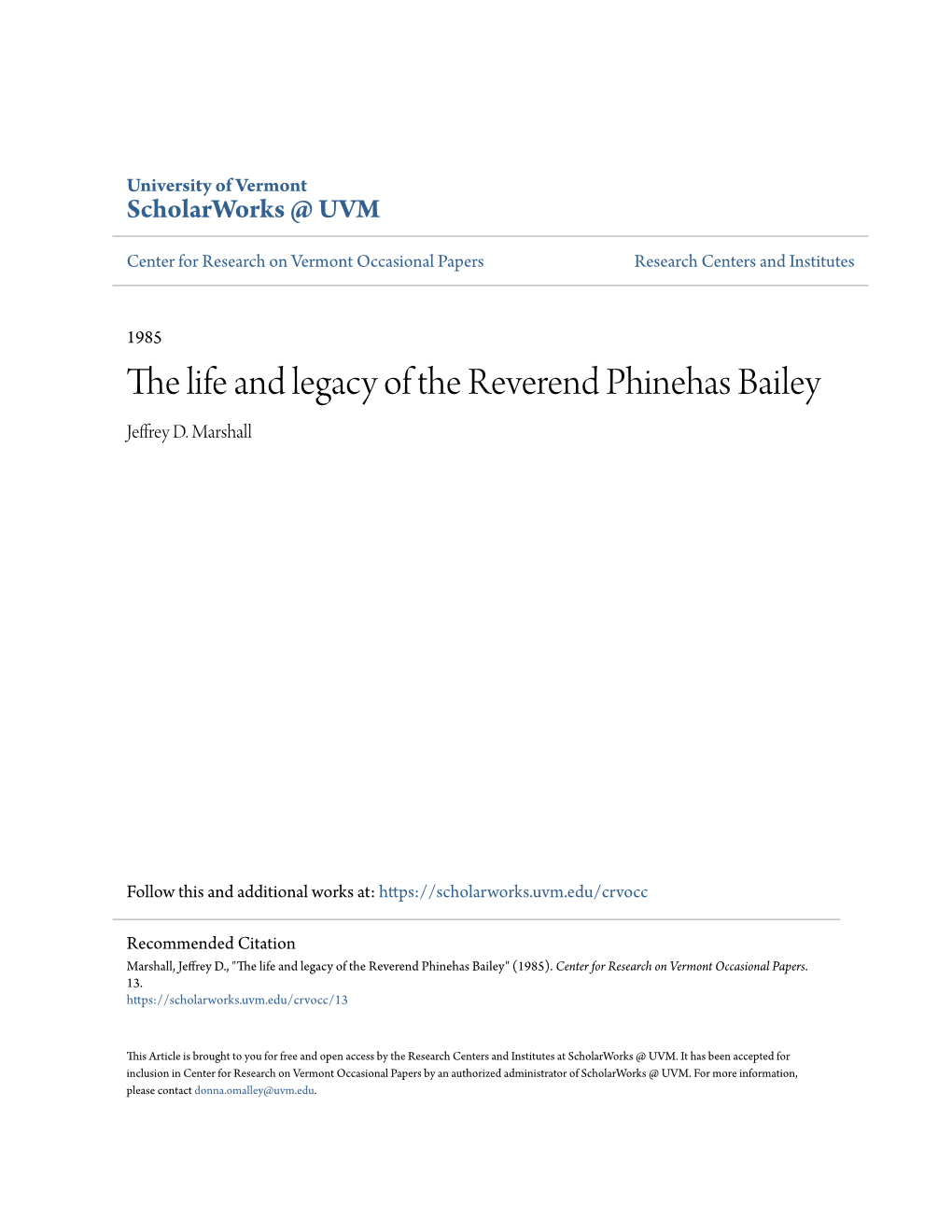 The Life and Legacy of the Reverend Phinehas Bailey Jeffrey D